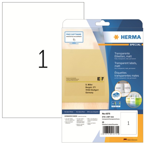 HERMA Folienetikett 4375 210x297mm transparent 25 St./Pack.