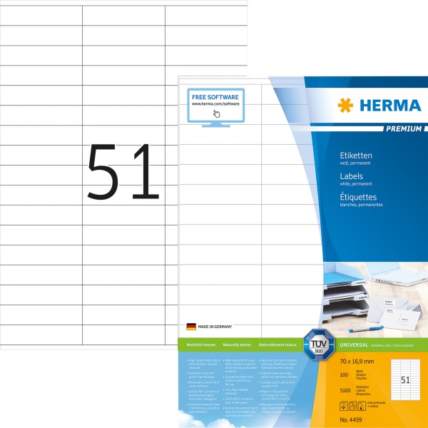HERMA Etikett PREMIUM 4459 70x16,9mm weiß 5.100 St./Pack.