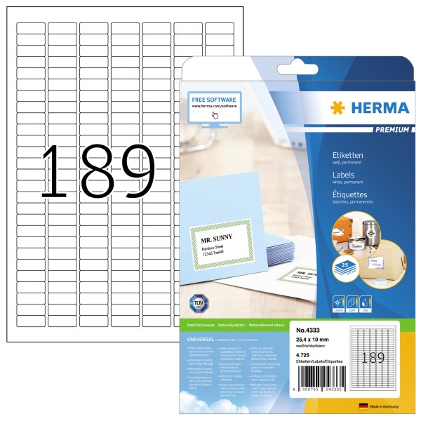 HERMA Etikett PREMIUM 4333 25,4x10 mm weiß 4.725 St./Pack.