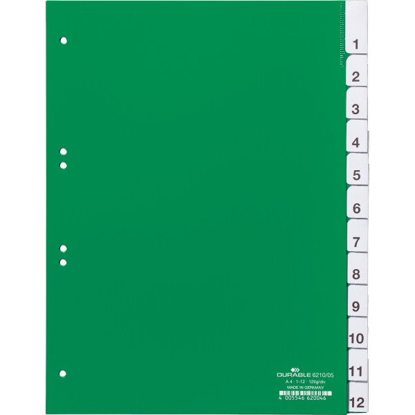 DURABLE Register 621005 DIN A4 1-12 12teilig Hartfolie grün