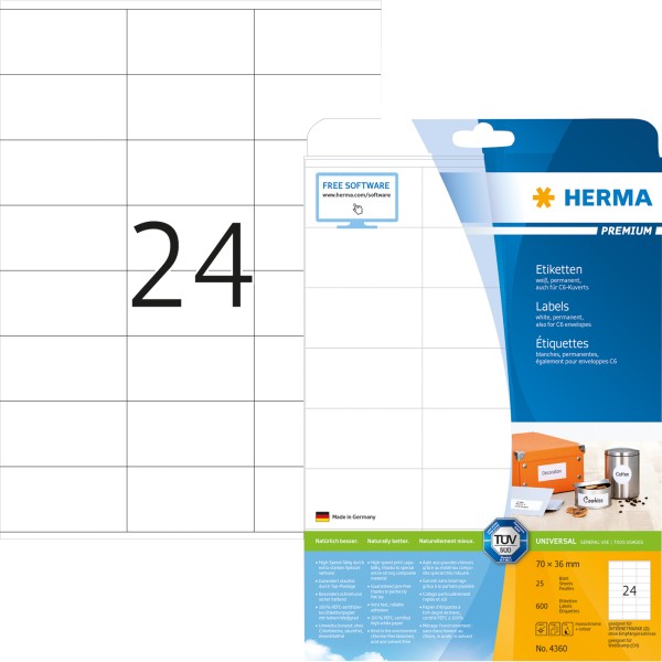 HERMA Etikett PREMIUM 4360 70x36mm weiß 600 St./Pack.