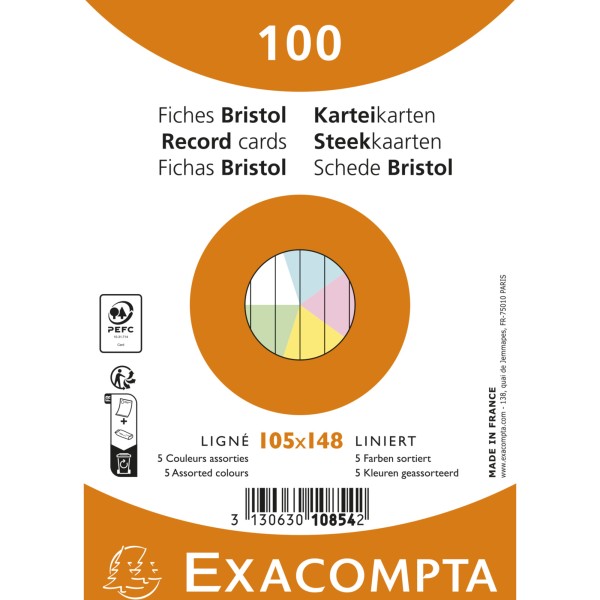 Exacompta Karteikarte 10854E A6 liniert sort. 100St.