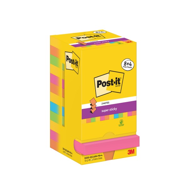 Post-it Haftnotiz R330-SSCARN-P8+4 76x76mm 90Bl farbig 12 St./Pack.