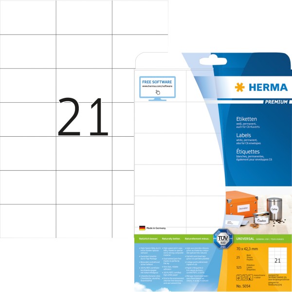 HERMA Etikett PREMIUM 5054 70x42,3mm weiß 525 St./Pack.
