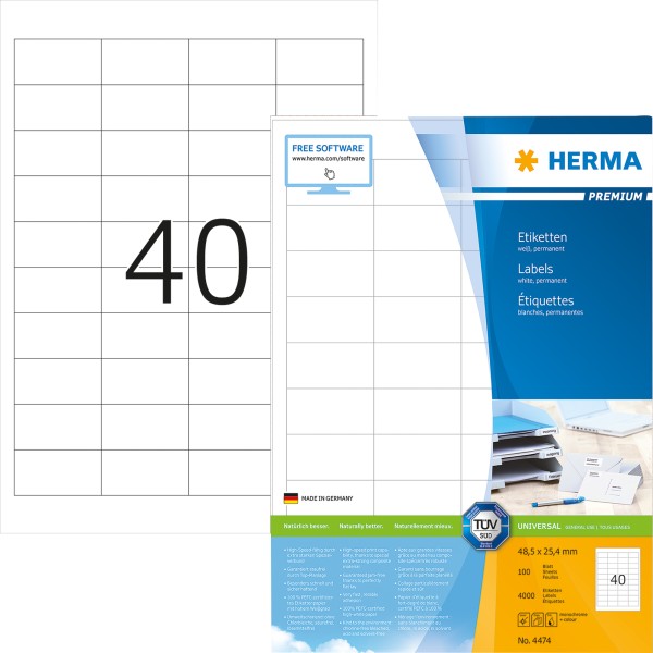 HERMA Etikett PREMIUM 4474 48,5x25,4mm weiß 4.000 St./Pack.