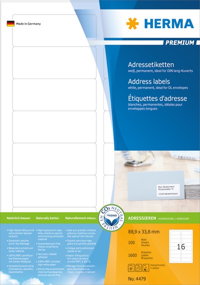 HERMA 4479 Adressetiketten Premium A4 88,9x33,8 mm weiß Papier matt 1600 St.