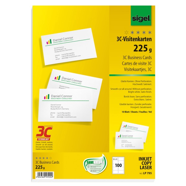 SIGEL Visitenkarte LP795 DIN A4 85x55mm 225g ws 100 St./Pack