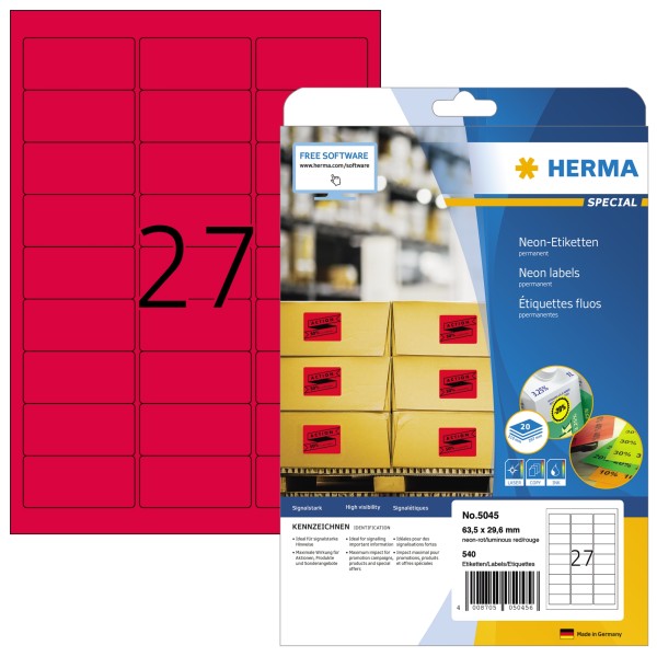 HERMA Etikett 5045 63,5x29,6mm neonrot 540 St./Pack.