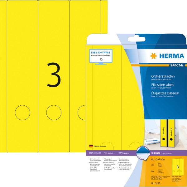 HERMA Ordneretikett 5136 61x297mm gelb 60 St.Pack.