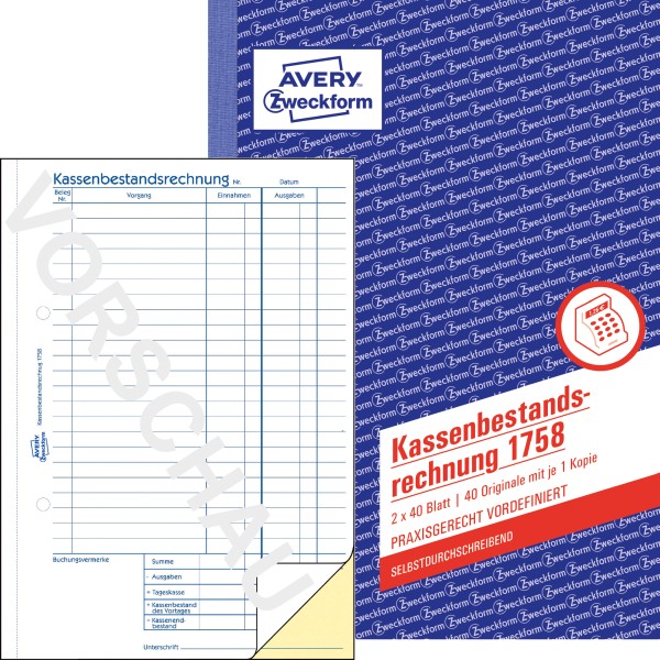 Avery Zweckform Kassenabrechnung 1758 DIN A5 SD 2x40Bl.