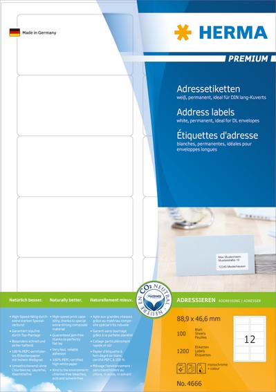 HERMA 4666 Adressetiketten Premium A4 88,9x46,6 mm weiß Papier matt 1200 St.