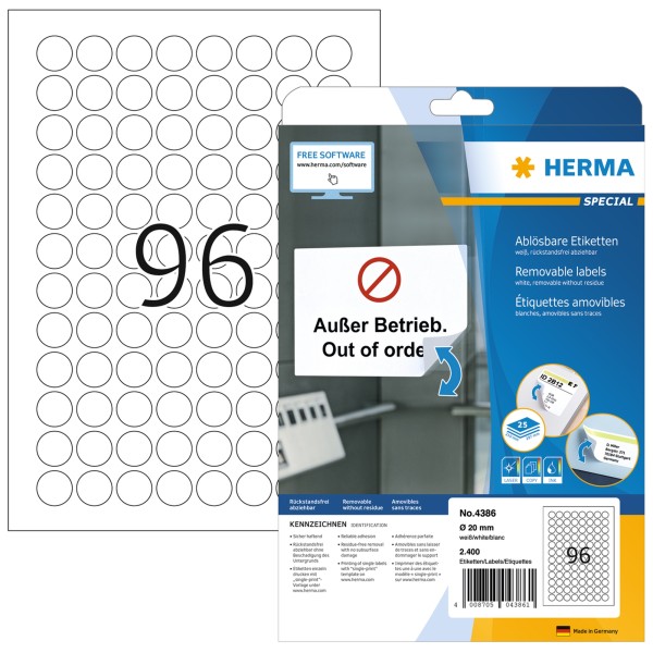 HERMA Etikett 4386 20mm rund ablösbar ws 2.400 St.