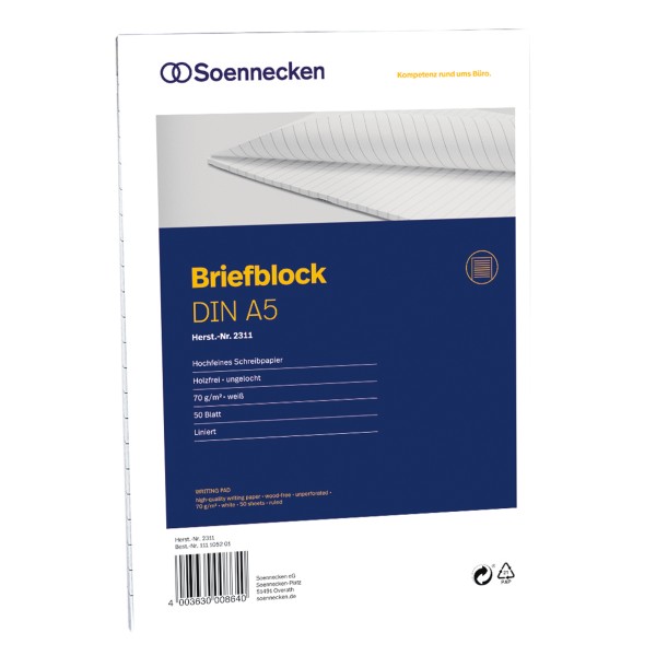 Soennecken Briefblock 2311 DIN A5 70g liniert 50Blatt weiß