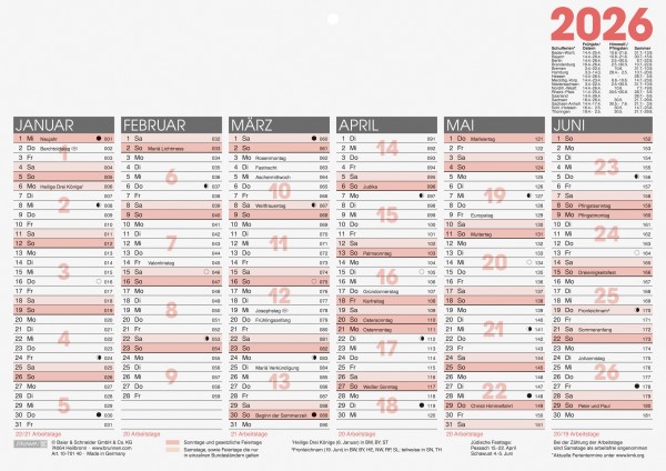 Brunnen Tafelkalender 1070140, 1 Seite = 6 Monate