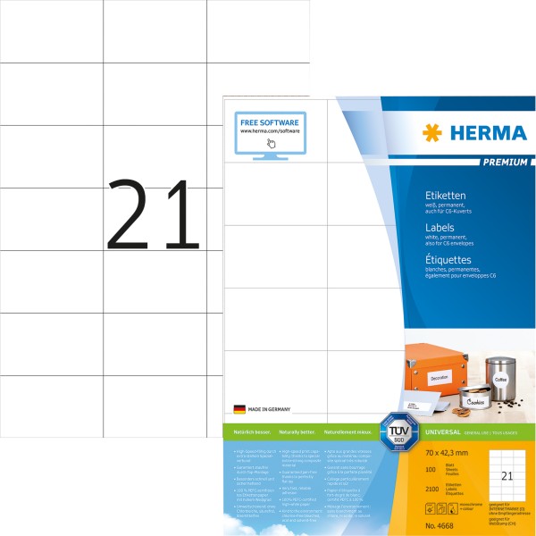 HERMA Etikett PREMIUM 4668 70x42,3mm weiß 2.100 St./Pack.