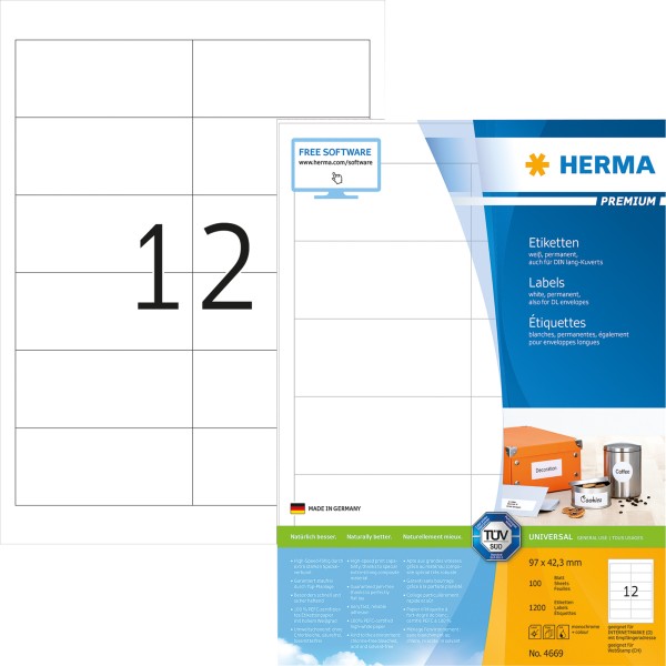 HERMA Etikett PREMIUM 4669 97,0x42,3mm weiß 1.200 St./Pack.