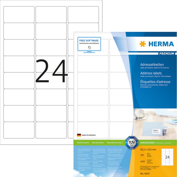 HERMA Adressetikett 4645 63,5x33,9mm weiß 2.400 St./Pack.