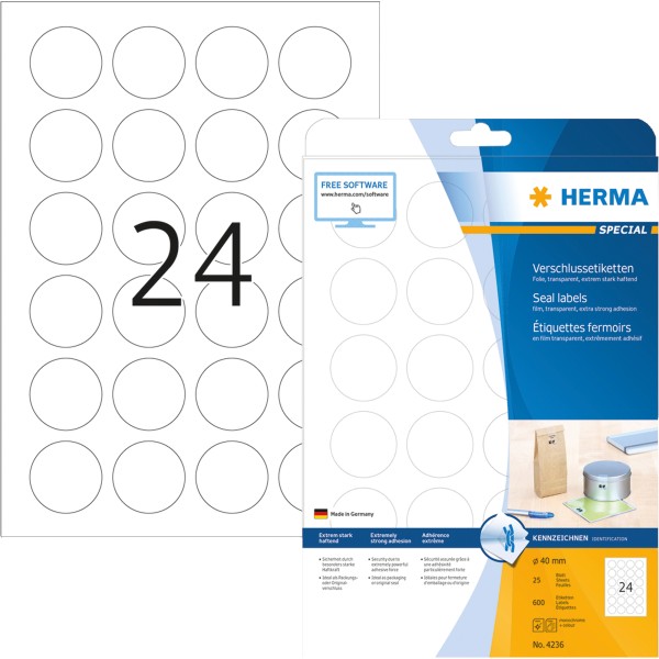 HERMA Verschlussetikett 4236 rund 40mm tr 600 St./Pack.