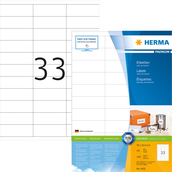 HERMA Etikett PREMIUM 4455 70x25,4mm weiß 3.300 St./Pack.