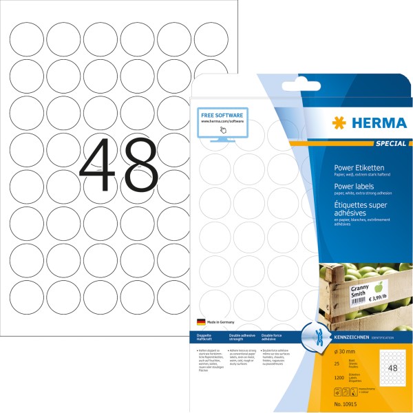 HERMA Etikett stark haftend 10915 rund 30mm weiß 1.200 St./Pack.