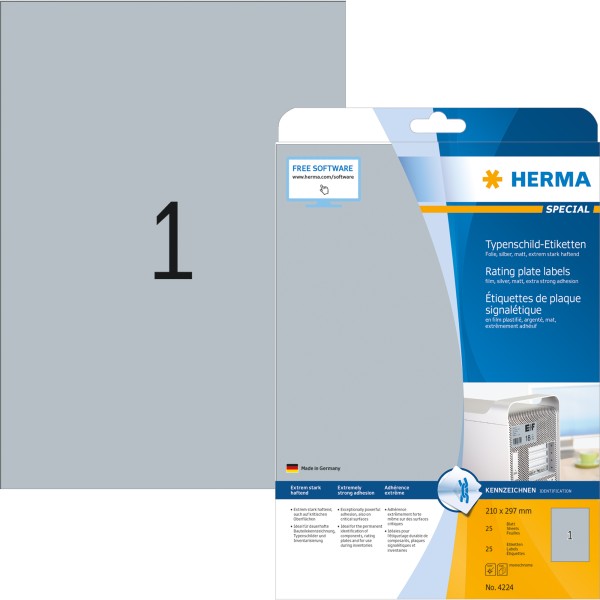 HERMA Typenschildetikett 4224 210x297mm silber 25 St./Pack.