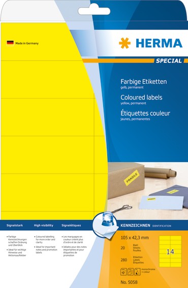 HERMA 5058 Farbige Etiketten A4 105x42,3 mm gelb Papier matt 280 St.