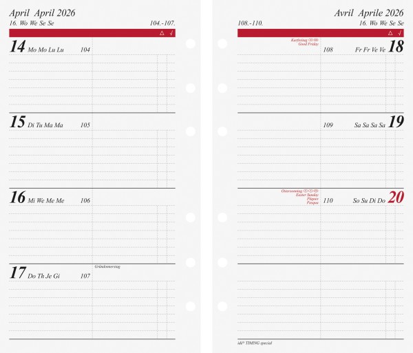 Timer Timing Spicial Ersatzkalender 1Woche = 2 Seiten