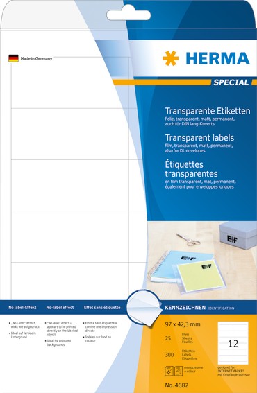 HERMA 4682 Etiketten transparent matt A4 97x42,3 mm Folie 300 St.