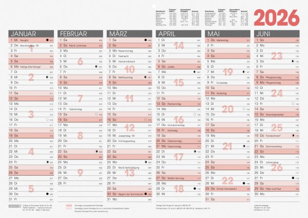 brunnen Tafelkalender A3, 1070130 1 Seite = 6 Monate
