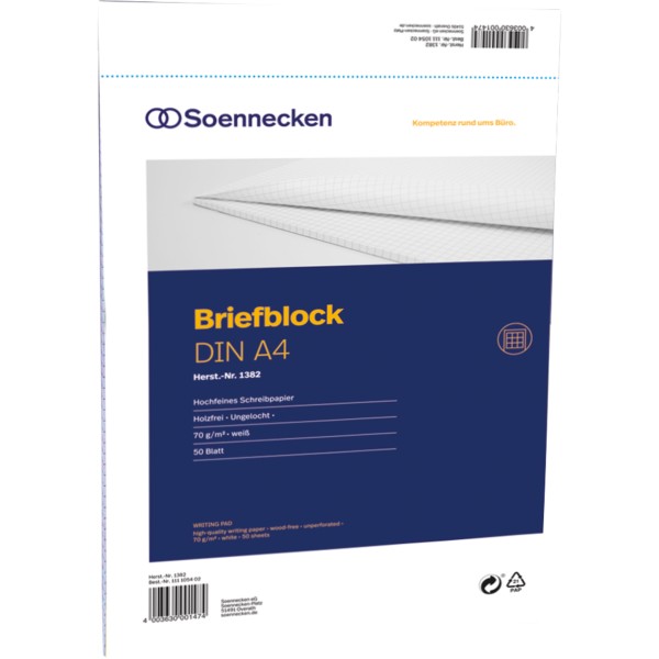 Soennecken Briefblock 1382 DIN A4 70g holzfrei 50Blatt kariert weiß