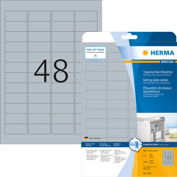 HERMA Typenschildetikett 4221 45,7x21,2mm silber 1.200 St./Pack.