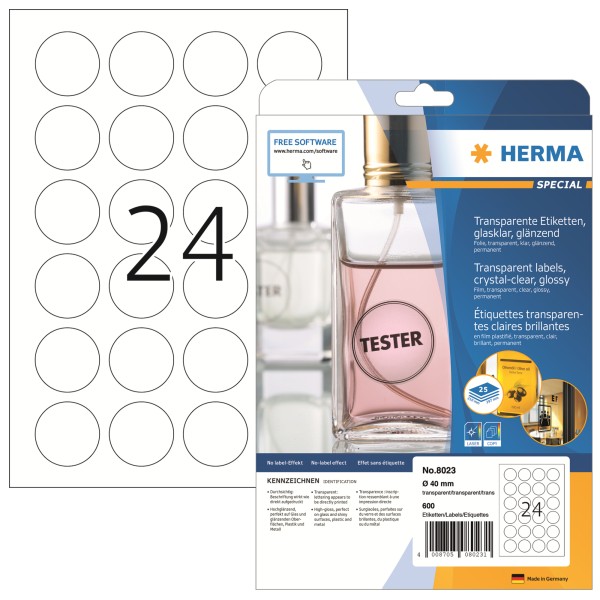 HERMA Folienetikett 8023 rund 40mm transparent 600 St./Pack.