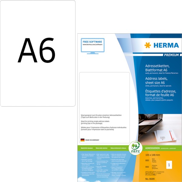 HERMA Adressetikett PREMIUM 8689 105x148mm weiß 800 St./Pack.