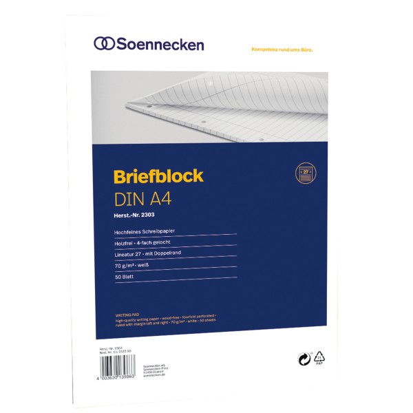 Soennecken Briefblock 2303 DIN A4 gelocht Lineatur27 liniert 50Blatt