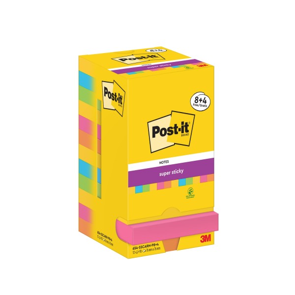 Post-it Haftnotiz 654-SSCARN-P8+4 76x76mm 90Bl farbig 12 St./Pack.