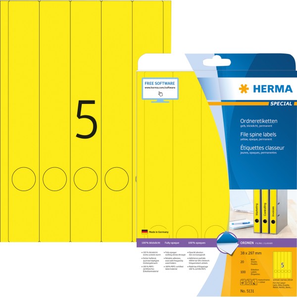 HERMA Ordneretiketten 5131 DIN A4 38x297mm gelb 100 St./Pack