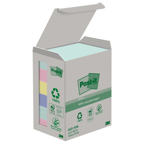 Post-it Haftnotiz Recycling Notes 653-1GB 51x38mm sortiert 6 St./Pack