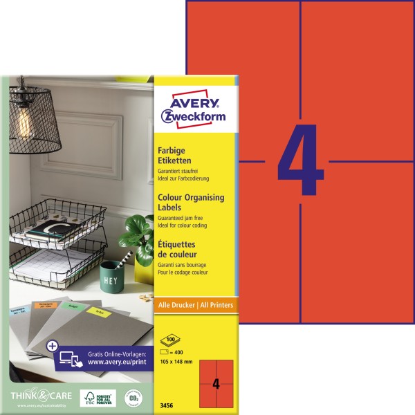 Avery Zweckform Universaletikett 3456 105x148mm rot 400 St./Pack.