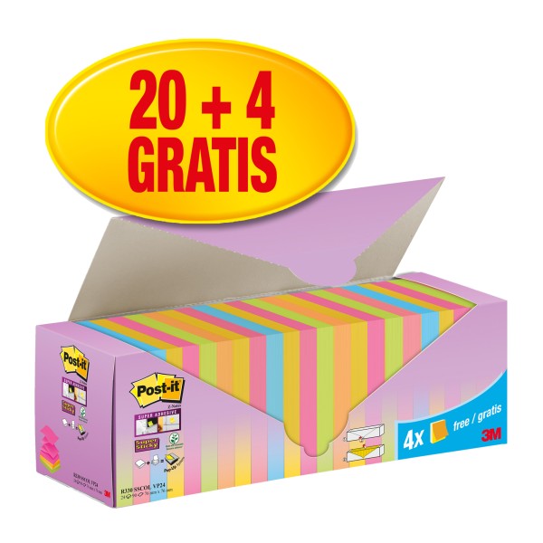 Post-it Haftnotiz R330 SSCOL VP24 76x76mm 90Bl. farbig 20+4St