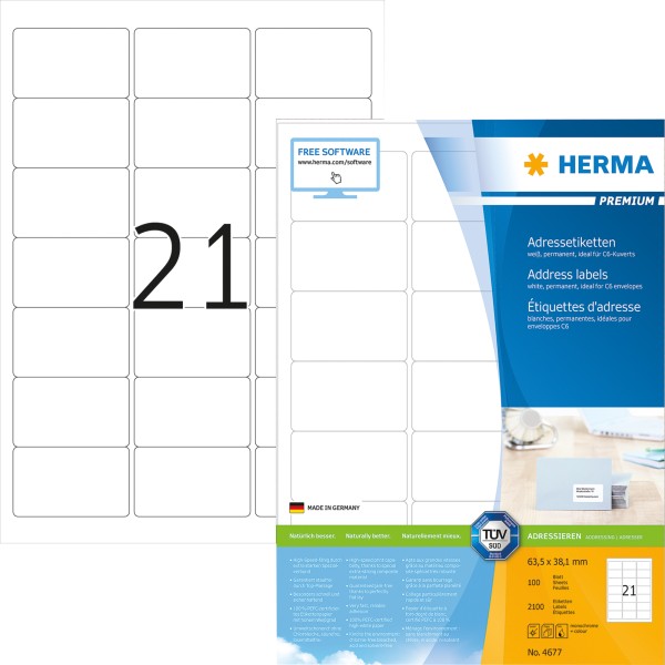 HERMA Etikett PREMIUM 4677 63,5x38,1mm weiß 2.100 St./Pack.