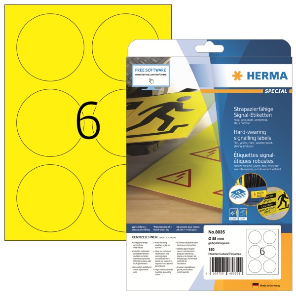 HERMA Folienetikett 8035 85mm rund gelb 150 St./Pack.