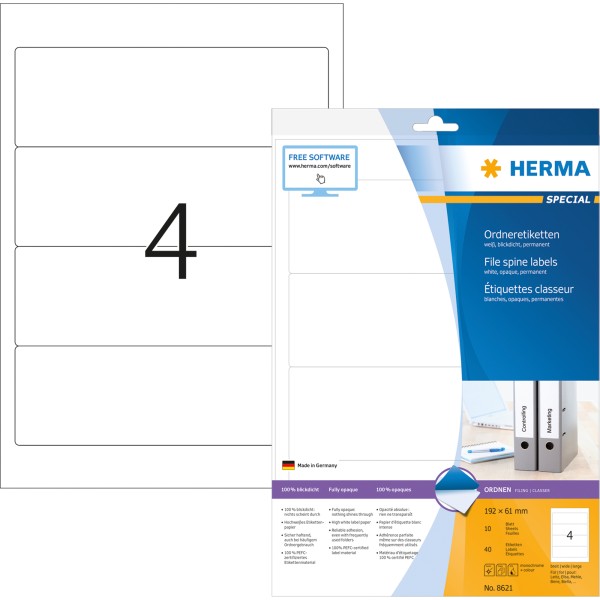 HERMA Ordneretikett 8621 192x61mm weiß 40 St./Pack.