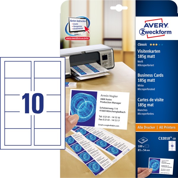 Avery Zweckform Visitenkarte C32010-10 DIN A4 weiß 10 St./Pack.