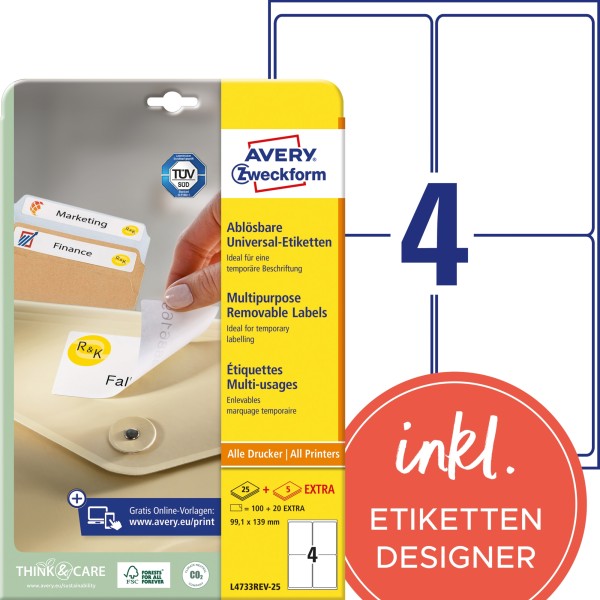 Avery Zweckform Etikett L4733REV-25 99,1x139mm weiß 120 St./Pack.