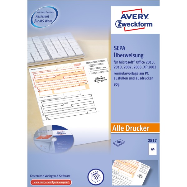 Avery Zweckform Überweisung 2817 DIN A4 inkl. Software 100 Bl./Pack.