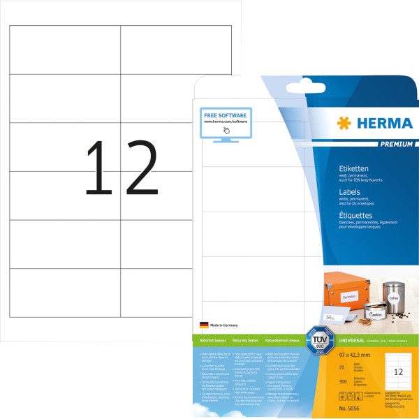 HERMA Etikett PREMIUM 5056 97x42,3mm weiß 300 St./Pack.