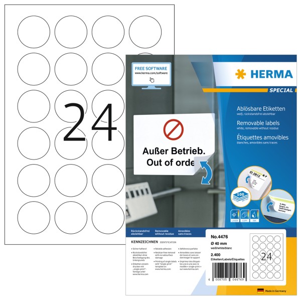 HERMA Etikett 4476 40mm rund ablösbar ws 2.400 St.