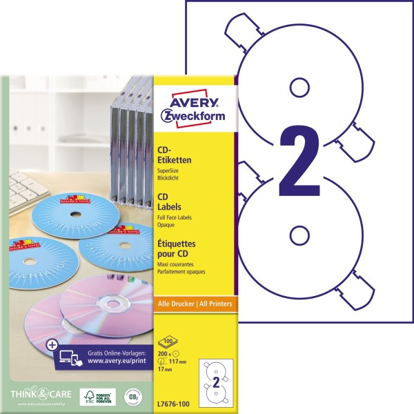 Avery Zweckform CD/DVD-Etikett L7676-100 117mm weiß 200 St./Pack.