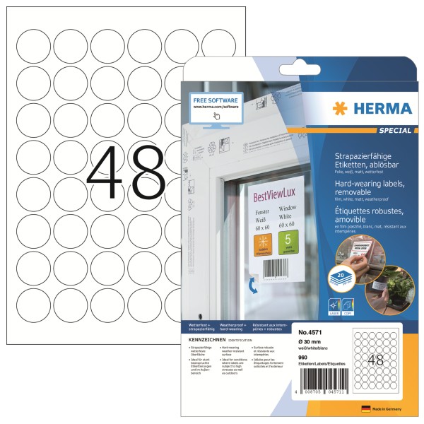 HERMA Folienetikett 4571 rund 30mm weiß 960 St./Pack.