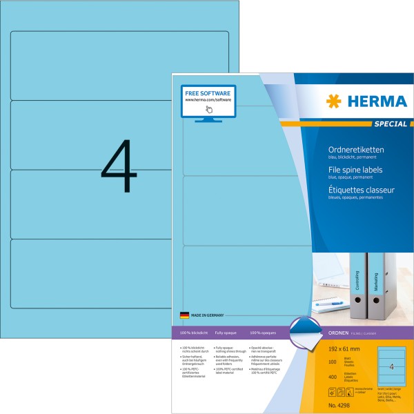 HERMA Etikett 4298 192x61mm breit blau 400 St./Pack.